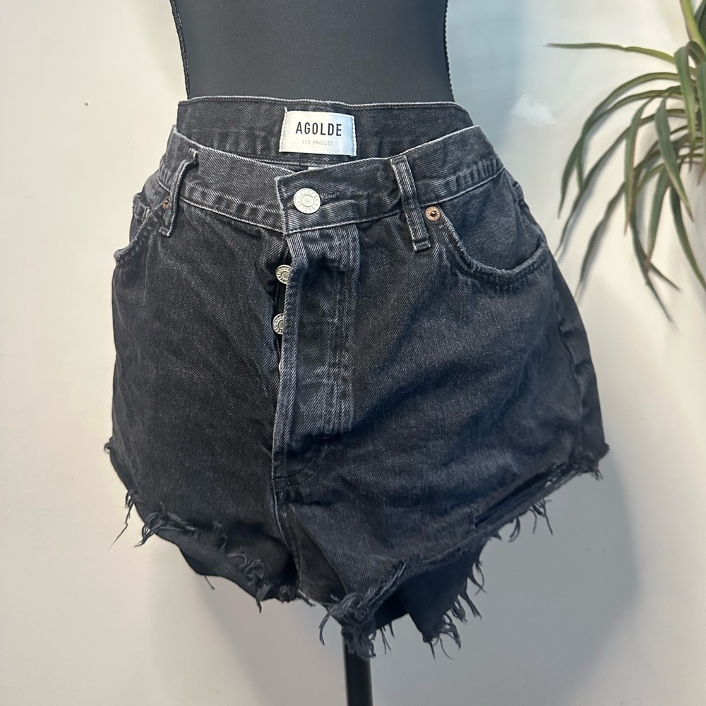 AGOLDE black denim distressed button up mini shorts 32